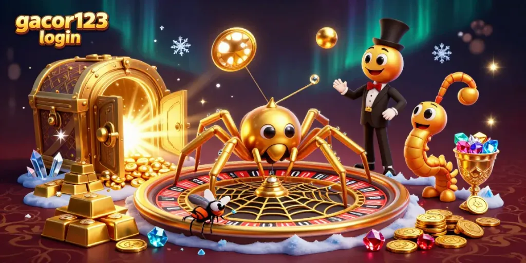 The gacor123 login scene featuring a golden spider and a centipede dealing bets, set in a vibrant casino atmosphere.