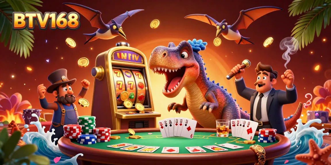BTV168 captures a cartoon dinosaur winning big at a slot machine amid a bustling casino scene.
