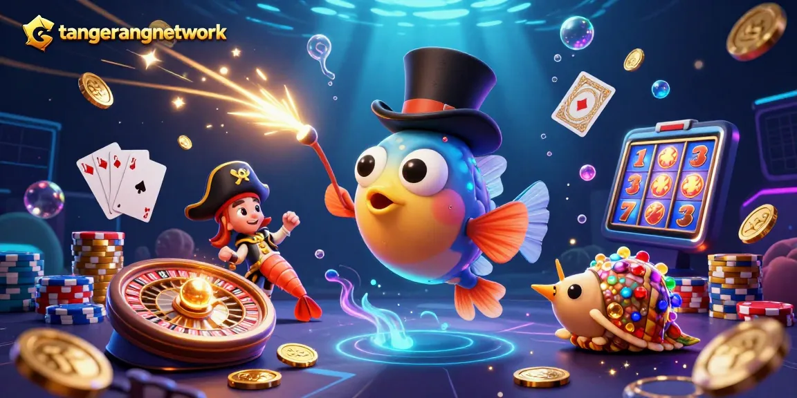 Tangerangnetwork menarik koin emas dengan pemancing laut yang berpakaian top hat dan karakter lain di dunia perjudian.