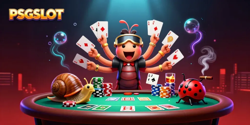 Permainan PSGSLOT dengan dealer kartun 3D dan suasana kasino yang penuh warna.