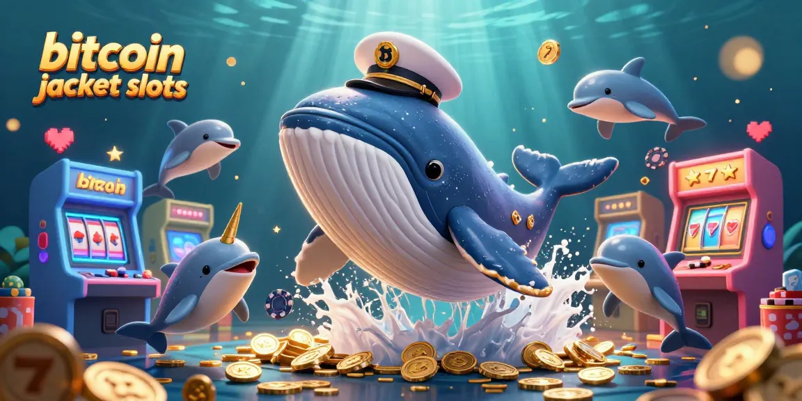 Witness a thrilling scene of bitcoin jackpot slots with a cartoon whale and playful dolphins amidst coins and gaming elements.