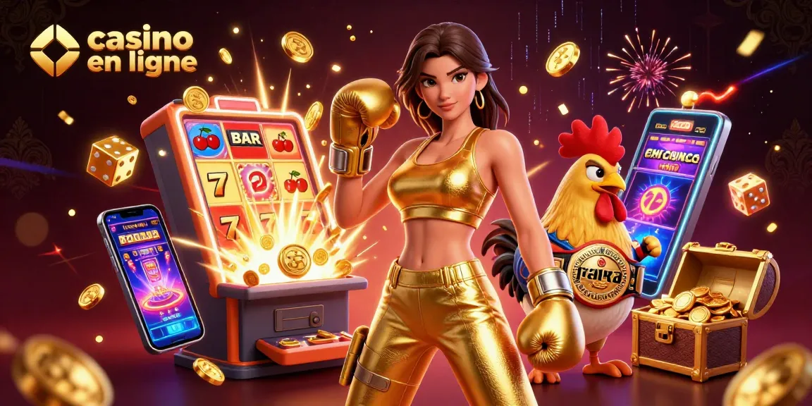 Interagissez avec des jeux passionnants au casino en ligne, mettant en avant une illustration 3D dynamique avec des personnages et des éléments de casino.