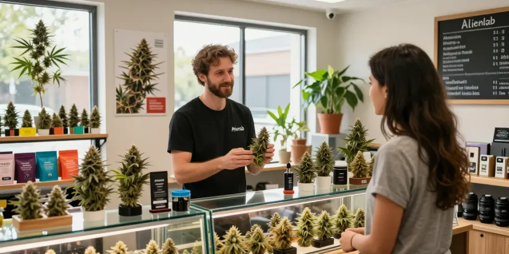 Alienlab budtender presenting premium cannabis strains to customers in a bright dispensary.