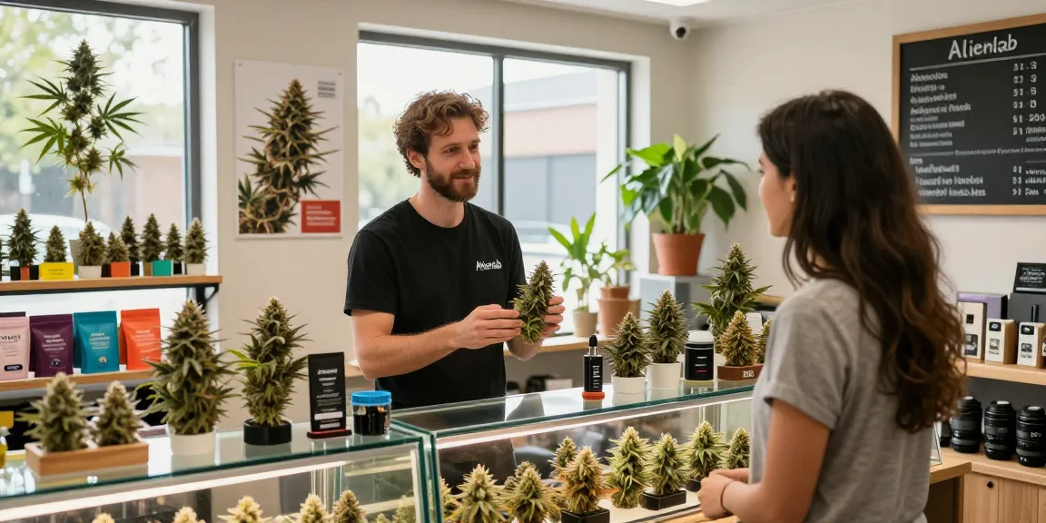 Alienlab budtender presenting premium cannabis strains to customers in a bright dispensary.