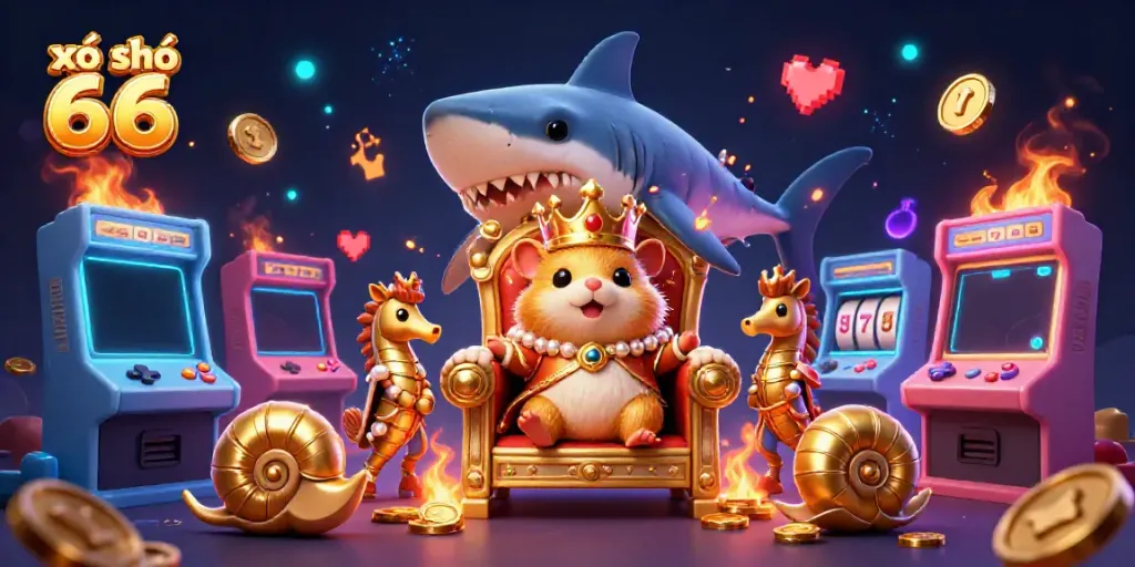 xổ số 66 brings a vibrant 3D casino experience with a golden hamster king on a megalodon throne.
