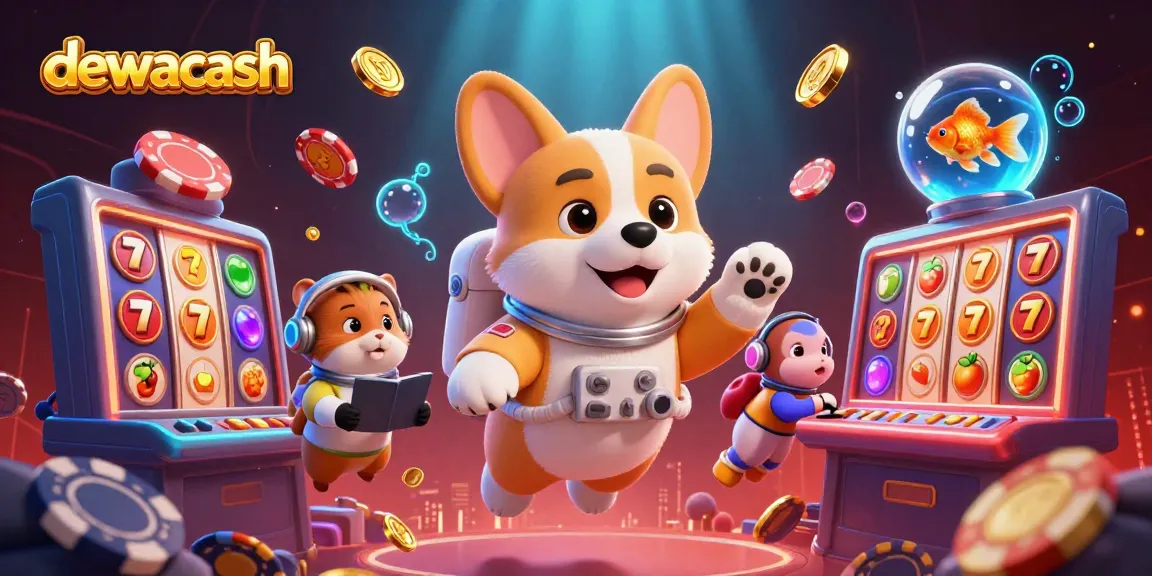 Dewacash brings an exciting casino experience with floating slot elements and vibrant characters in a dynamic scene.