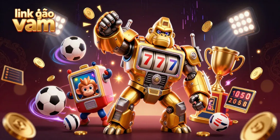 Experience excitement with link vào vmax as the golden gorilla mech and dynamic sports elements come alive in this vibrant casino scene.