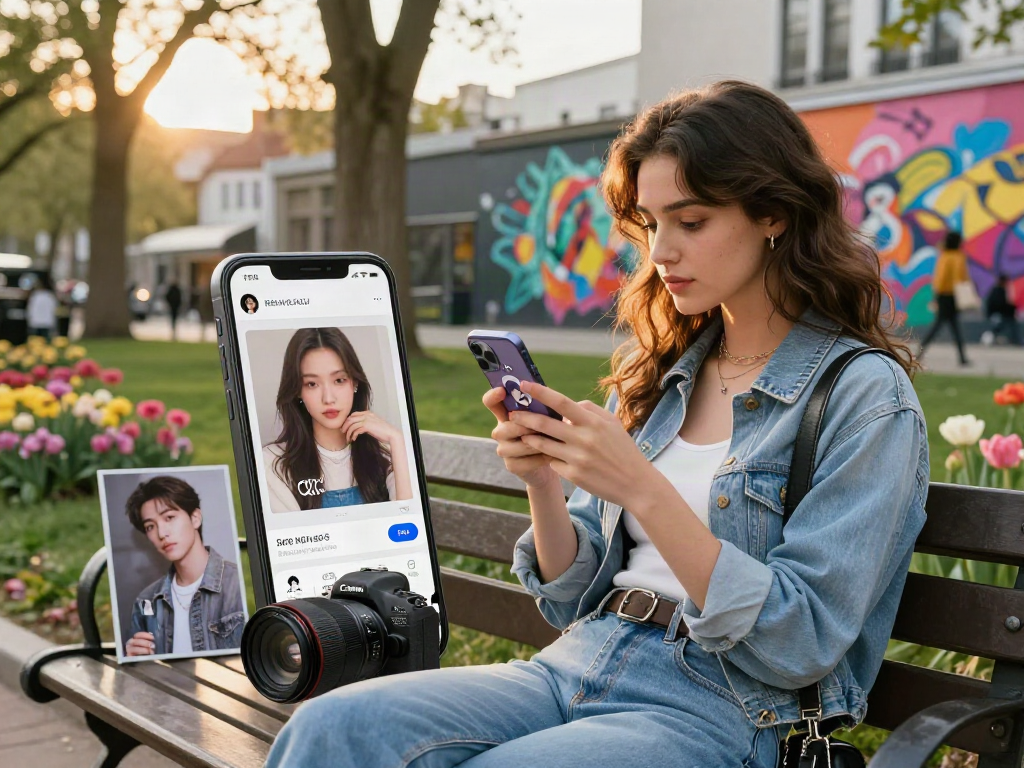 Young woman using a celebrities look alike app amidst urban scenery and vibrant street art.