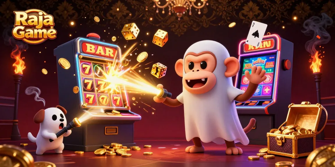 Engage with the thrilling world of Raja Game featuring a mischievous monkey juggling coins in a vibrant casino scene.