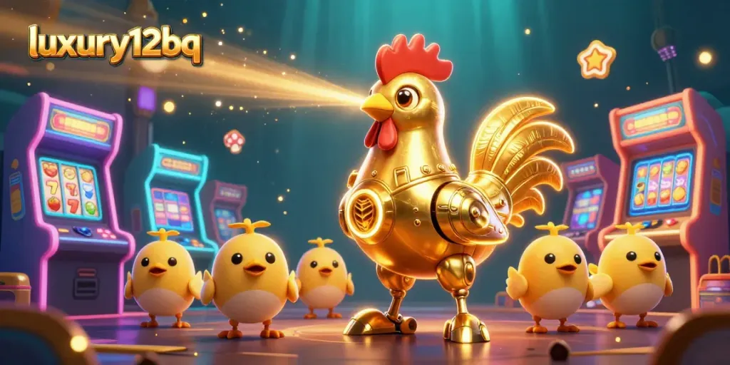 luxury12bq menampilkan ilusi 3D robot ayam emas yang futuristik dalam kasino penuh warna