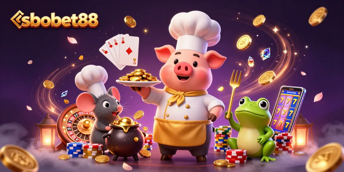 Experience sbobet88 with a lively chef pig serving gold, casino elements, and dynamic play.
