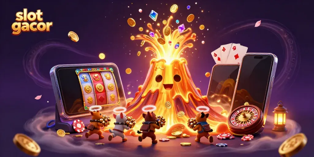 Experience the excitement of slot gacor with a triumphant golden volcano erupting treasures, symbolizing luck and fortune.