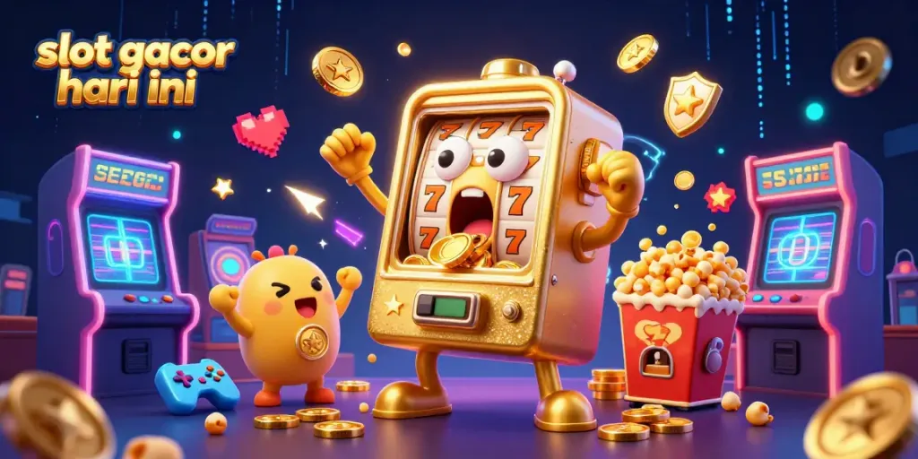 Experience excitement with slot gacor hari ini as a golden slot machine hits a jackpot amidst cheering baby slots.