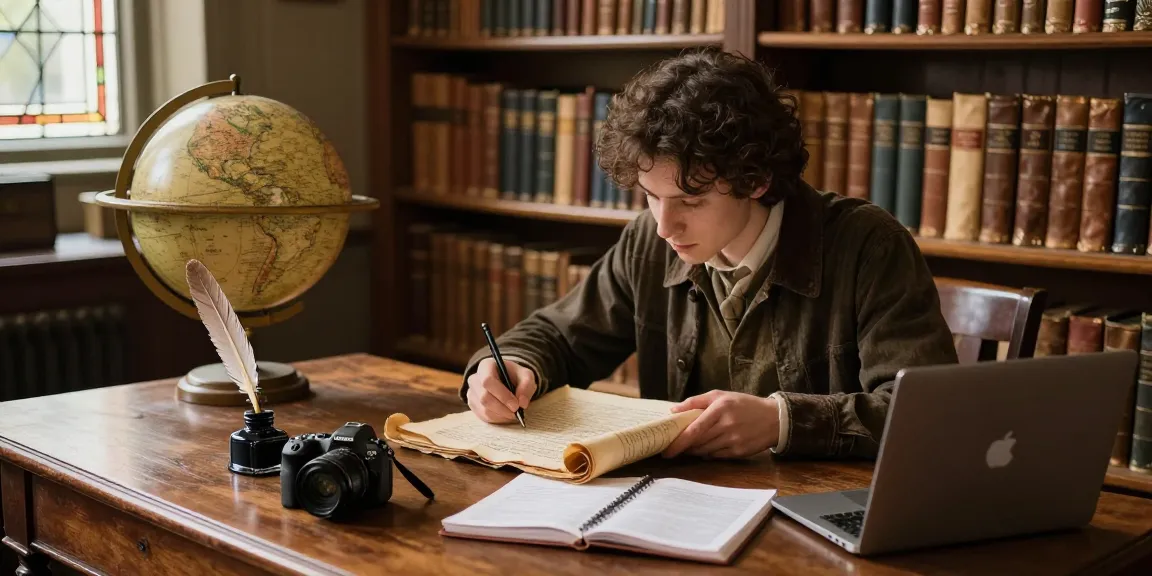 A person exploring historical content at https://tyntescastle.com in a cozy library filled with ancient texts and warm sunlight.