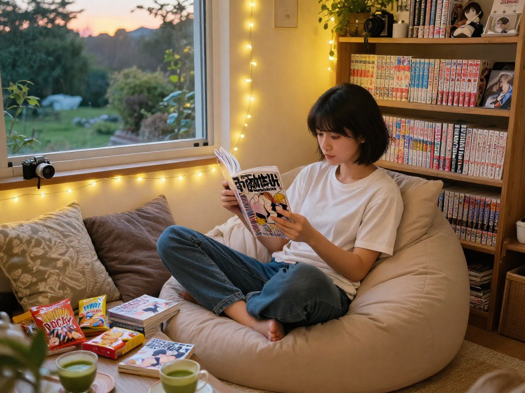 A manga reader enjoying Free Hitomi Manga Raw in a cozy nook filled with colorful manga and snacks.