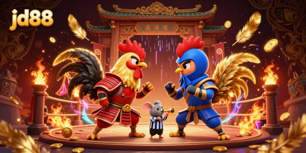 Experience an exciting showdown with jd88's dynamic casino fighting scene featuring samurai and ninja roosters.