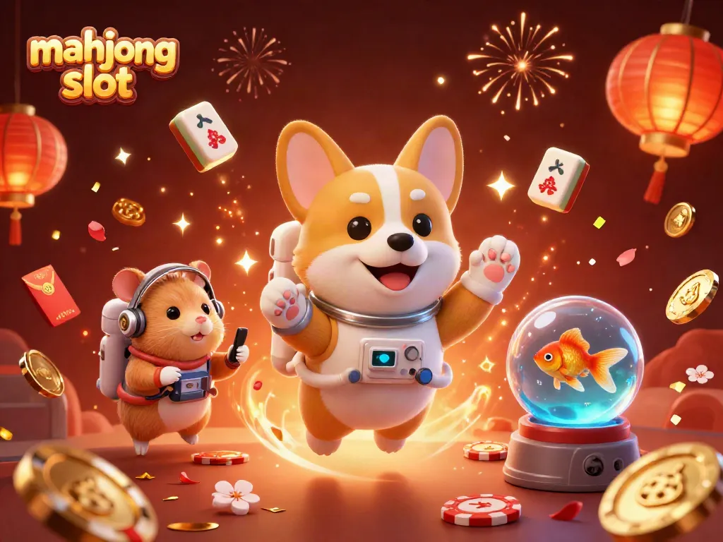 Engage in mahjong slot excitement with 3D characters celebrating in a casino atmosphere.