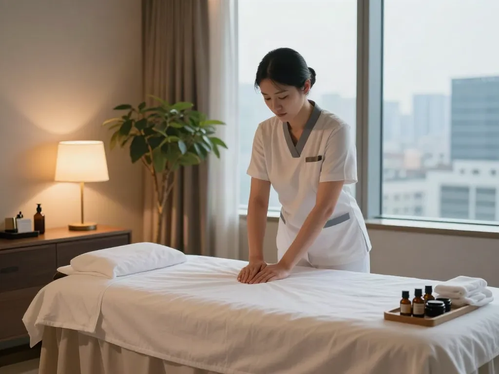 Relaxing hotel room setting for 서울출장마사지 with massage table and aromatic oils.