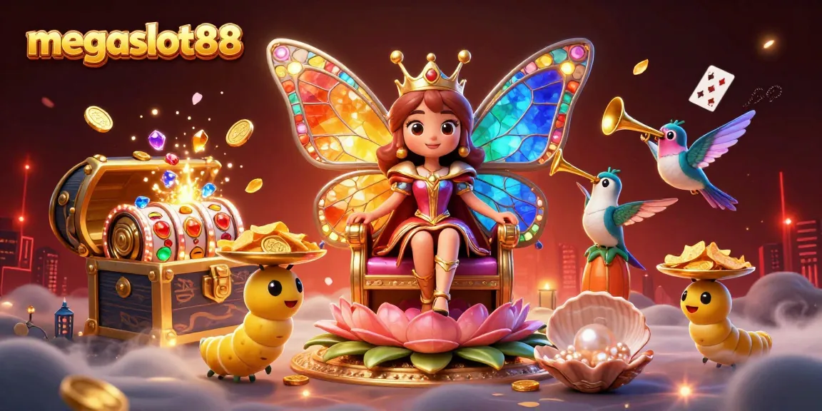 Engage with megaslot88 for exciting online gaming, featuring a stunning butterfly queen and vibrant casino elements.