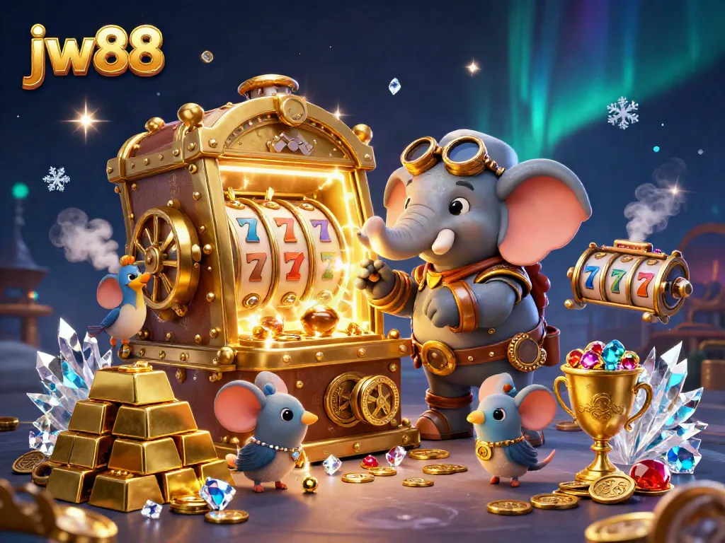 Spin the jw88 slot machine with vibrant elements, winning treasures, and treasures in an engaging 3D illustration.