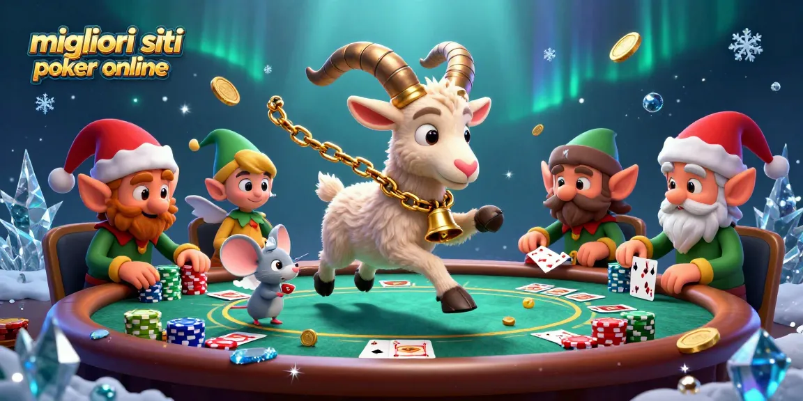 I migliori siti di poker online animati da un Krampus festivo in un casinò di poker, con un topo angelo e elfi ladri di fiches.