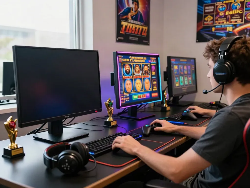 Pengguna memainkan game slot777 di meja gaming modern dengan cahaya LED yang cerah