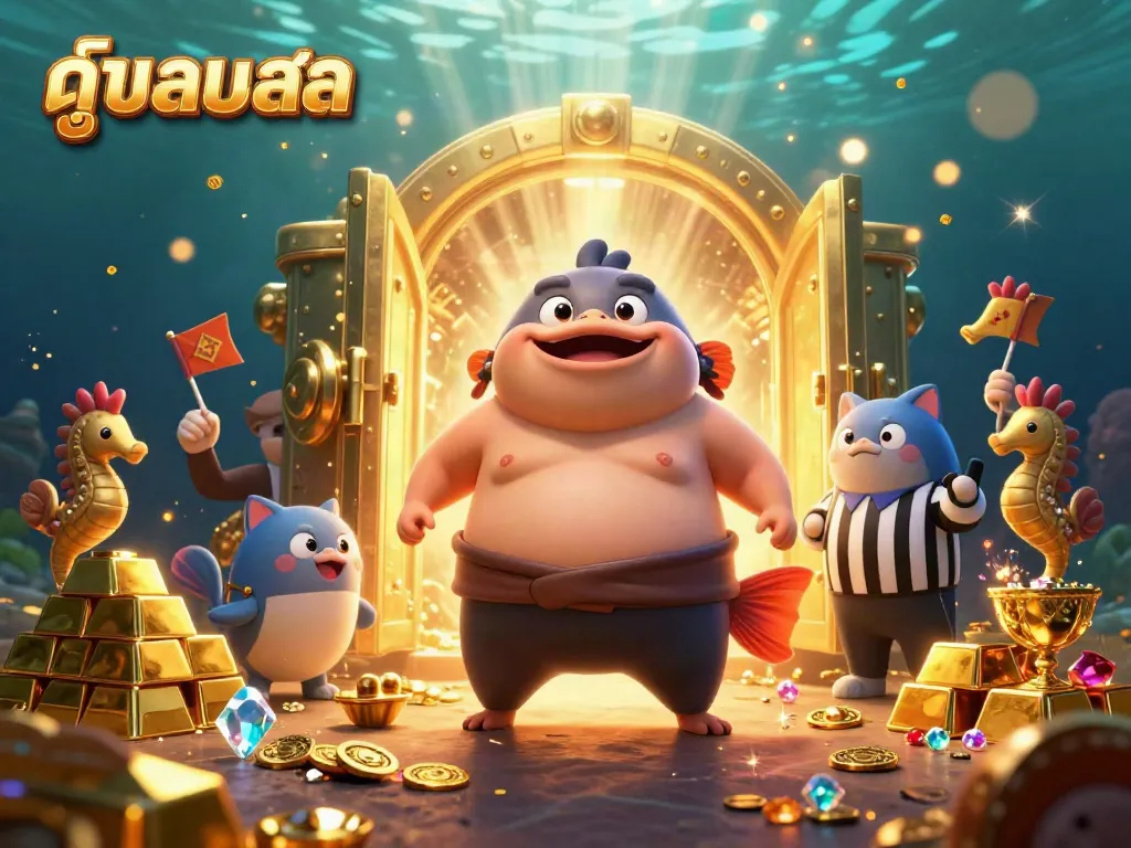 Watch live sports like ดูบอลสด with this vibrant underwater scene featuring a fugu, catfish referee, and seahorse fans