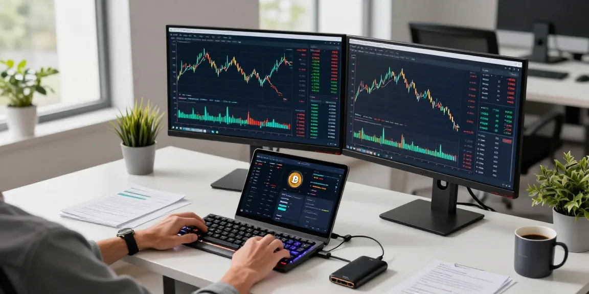 Funexchange crypto trading setup with Bitcoin charts and digital wallet security.