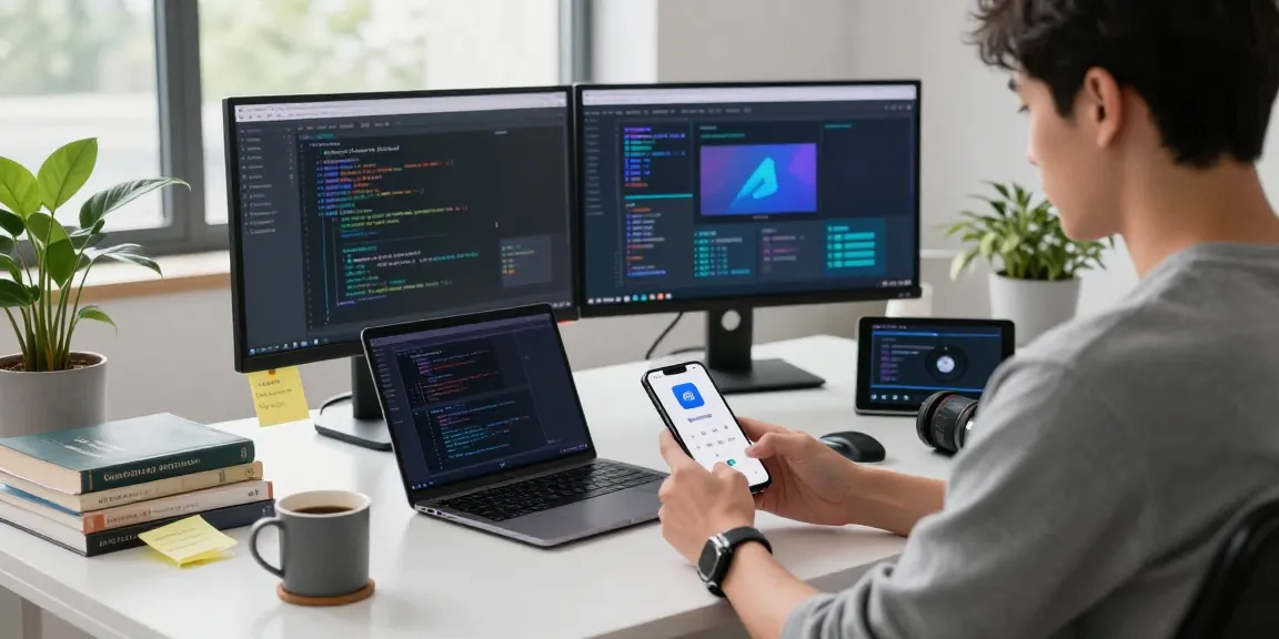 Tech user engaging with 纸飞机中文版 app in a modern workspace filled with gadgets and natural light.