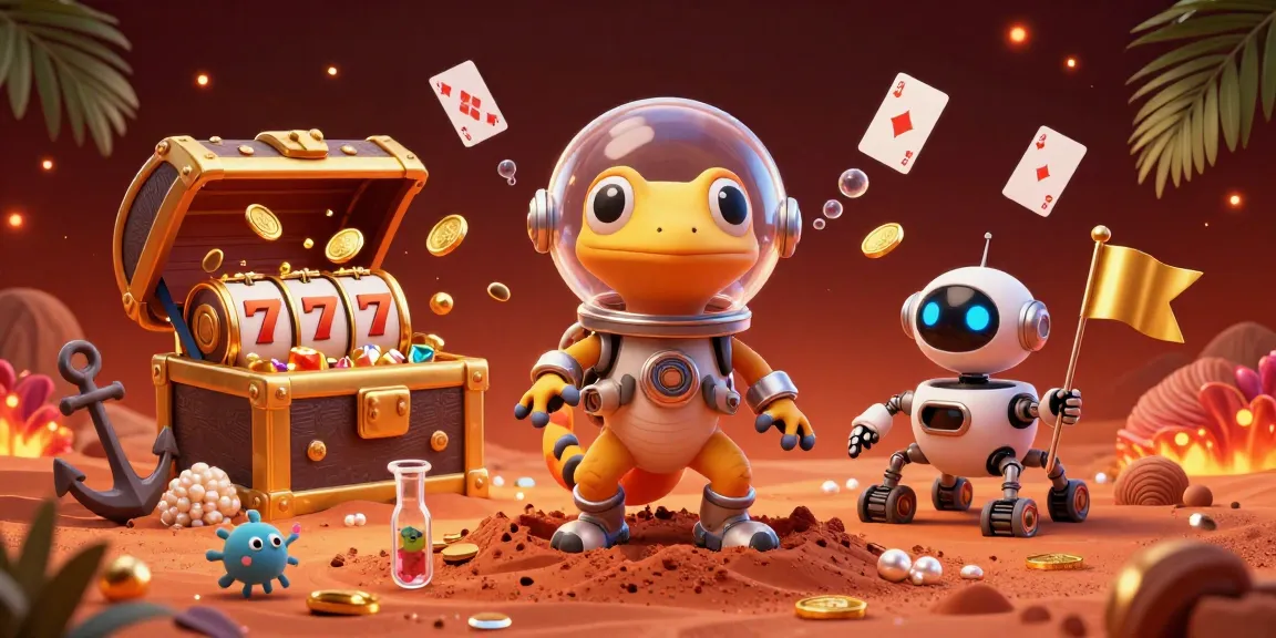 Experience winning moments at okfun with a Martian gecko exploring a golden casino.