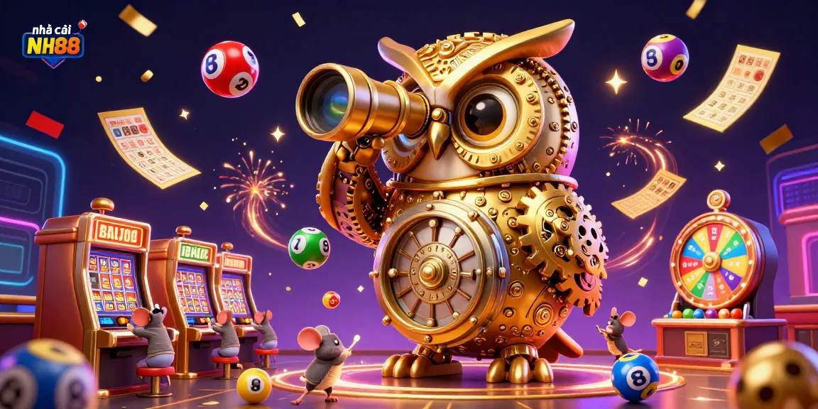 Catching the excitement at nhà cái NH88's vibrant casino scene with a golden owl and lottery fun.