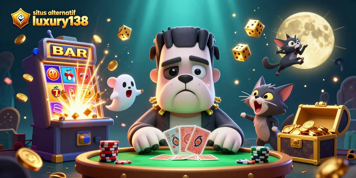Situs alternatif luxury138 is highlighted with a 3D Frankenstein bulldog dealing cards amidst thrilling casino elements.