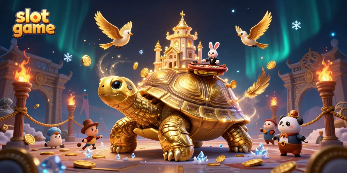 Engage with the captivating slot game scene featuring a golden tortoise and a rabbit dealer amidst gold coins.