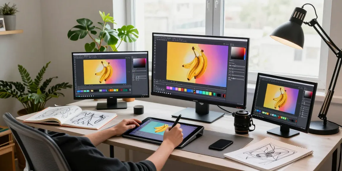 Creating with the nano banana 2 AI image editor in a modern art studio.