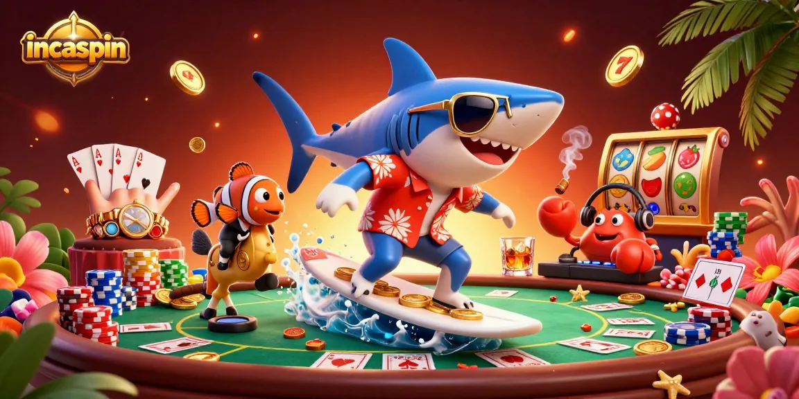 Spin for gold at IncaSpin Casino with a vibrant 3D scene of characters and poker elements.