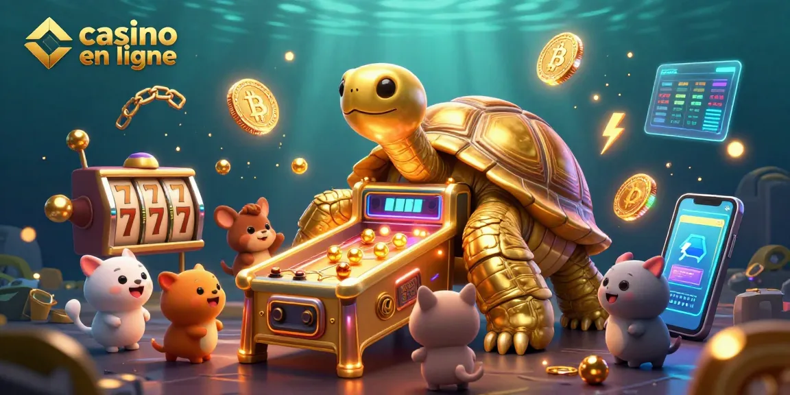 Jouez à des jeux de casino en ligne avec cette illustration colorée de tortue et de machines à sous.