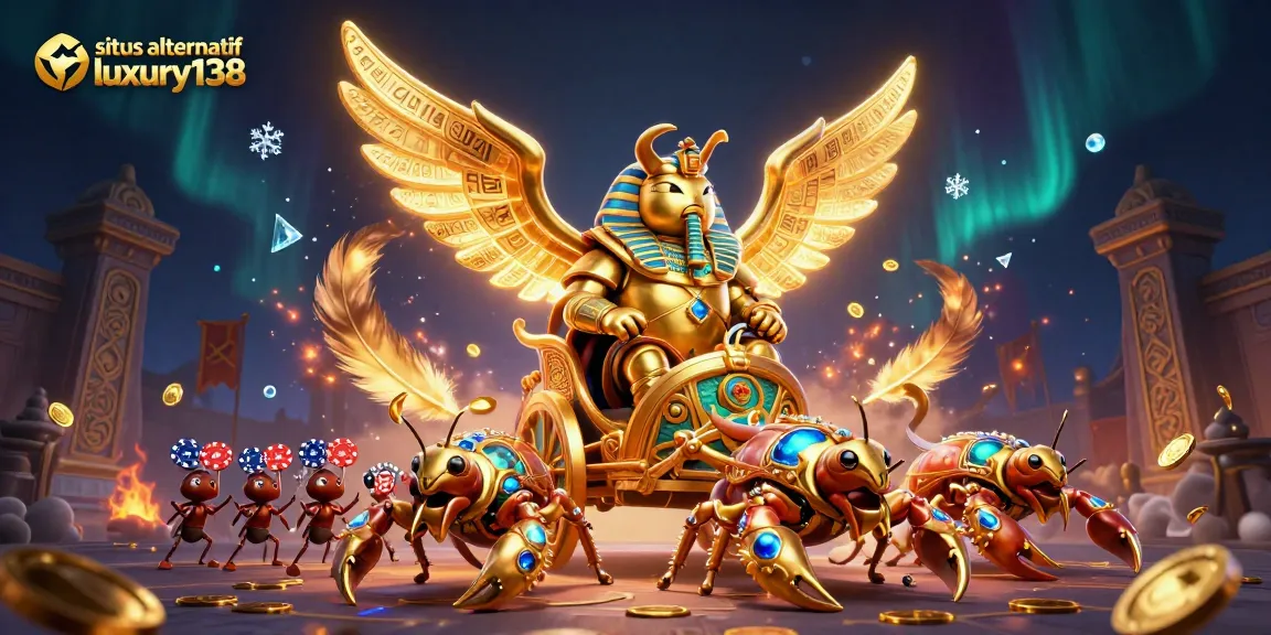 Engage with situs alternatif luxury138 through captivating visual art, featuring a golden scarab beetle and casino elements.