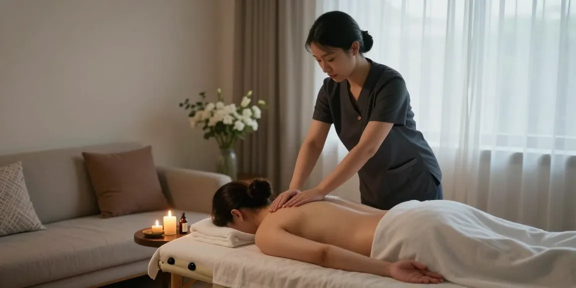 서울출장마사지 therapy session in a cozy living room with soft lighting and relaxing decor.