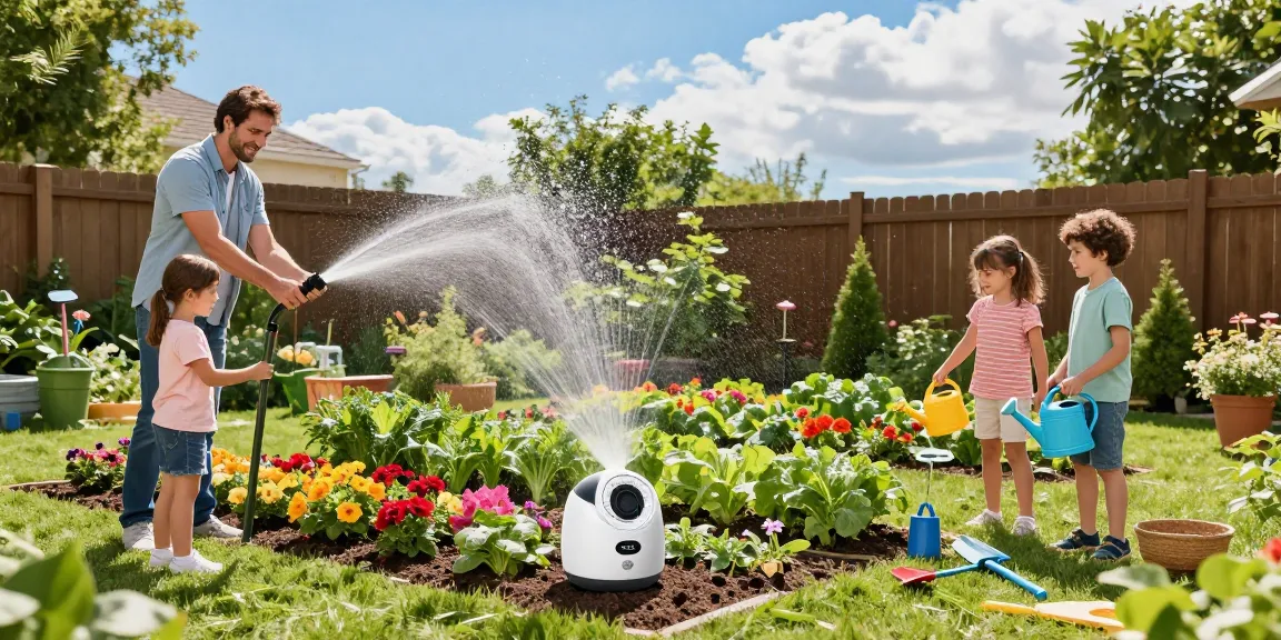 Family using the rainpoint sprinkler timer in a blooming garden, showcasing efficient watering.