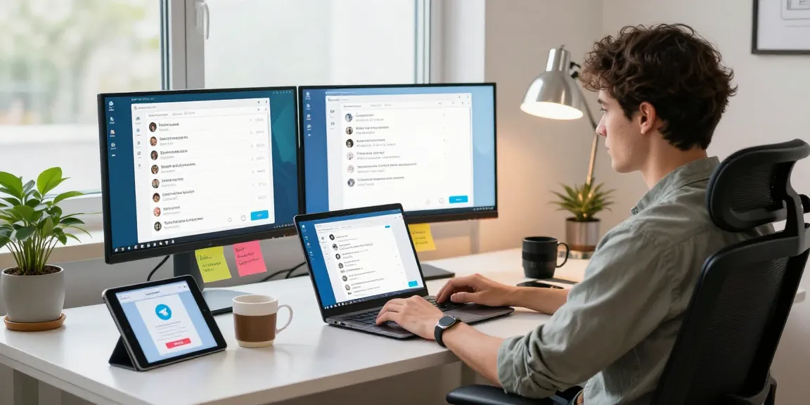 Professional workspace featuring a developer using telegramin-cn.com for collaboration and communication.