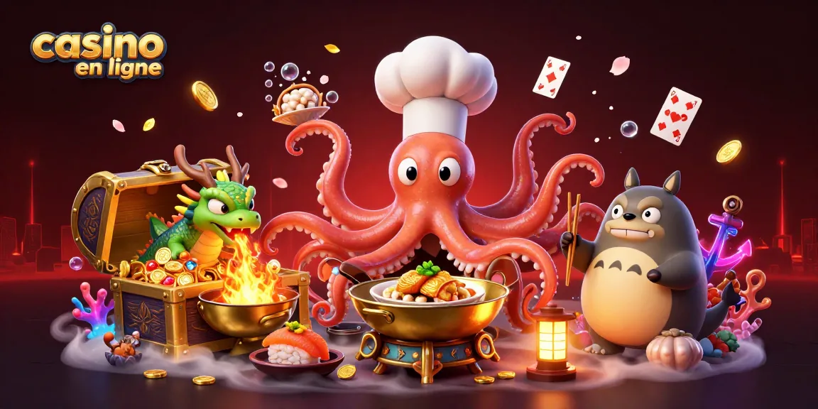 Découvrez l'excitation du casino en ligne alors qu'un chef pieuvre 3D prépare des plats dorés au milieu de gems et de bioluminescence.