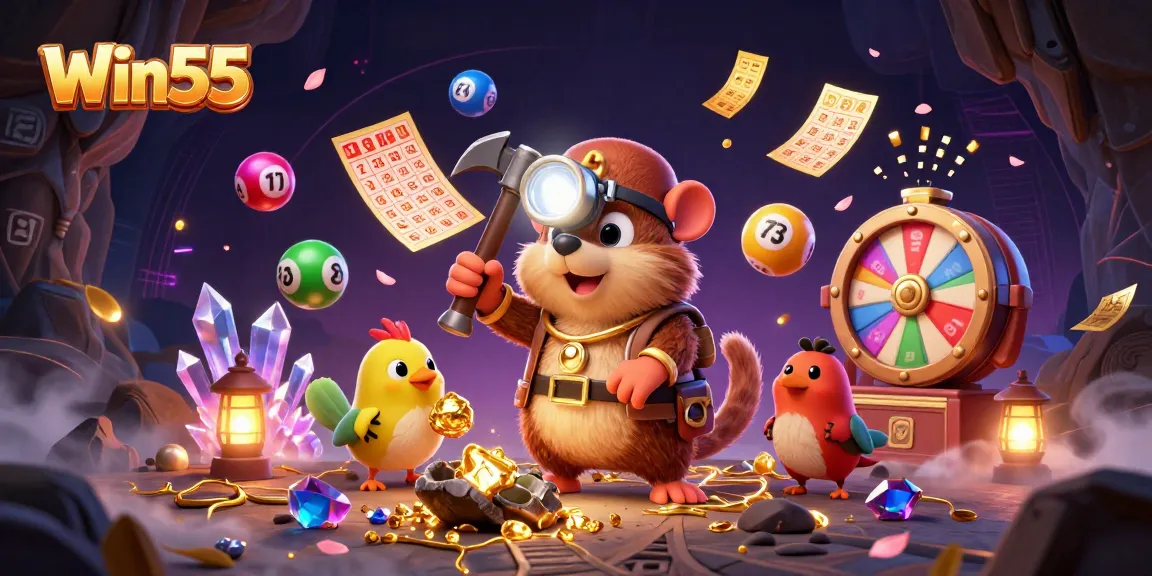 Win55 offers exciting gambling action with treasure hunter mole in a dynamitic casino-themed scene filled with colorful elements.