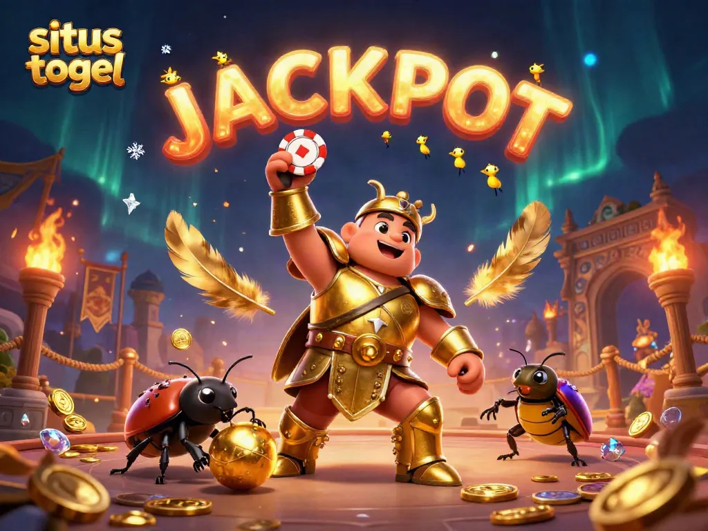 Engaging illustration of situs togel showcasing beetles in a casino-themed arena celebrating a win.