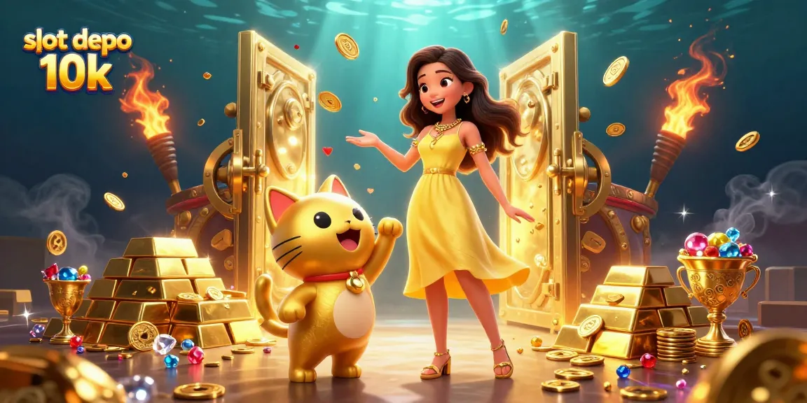 Experience the thrill of slot depo 10k with a joyful player, golden cat, and winning treasures.