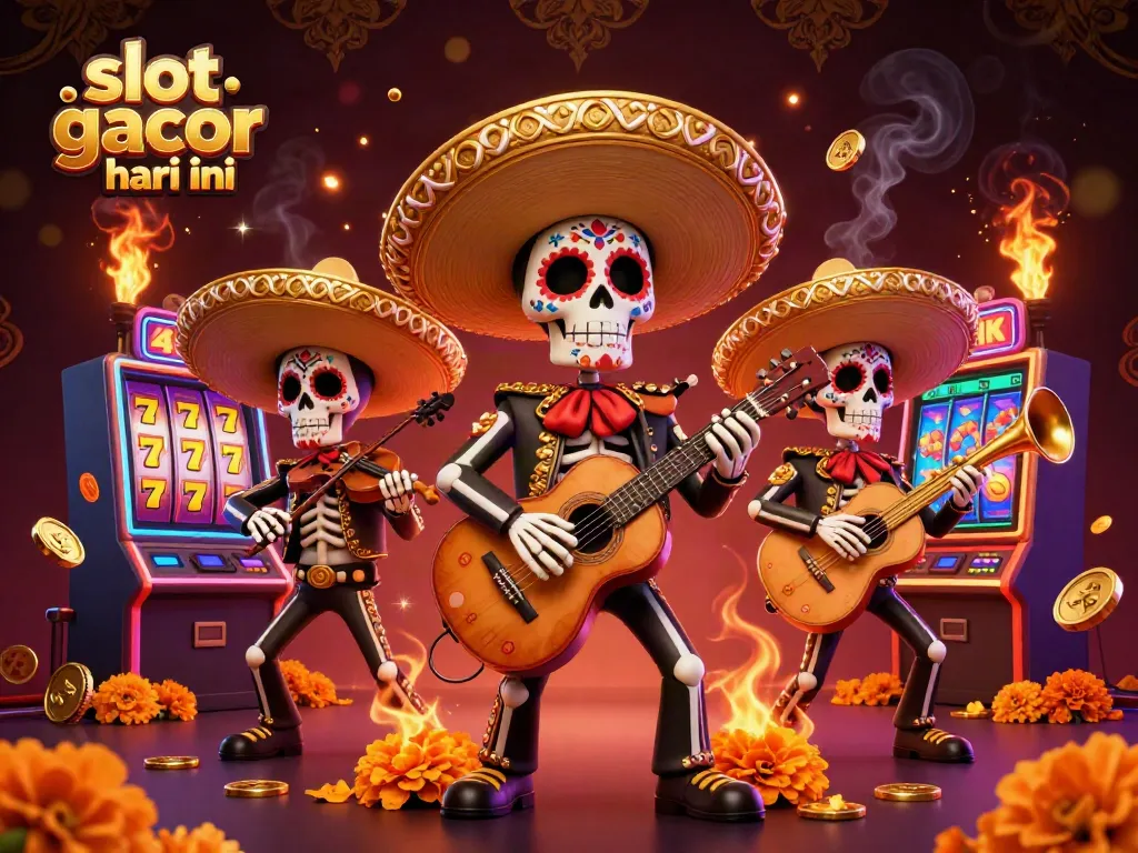 Slot gacor hari ini: ilustrasi penuh warna dengan skeleton mariachi di latar kasino