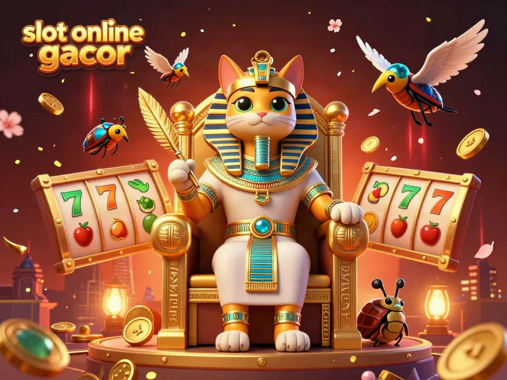 Experience the thrill of slot online gacor with a vibrant cartoon pharaoh cat scene featuring dynamic game elements.