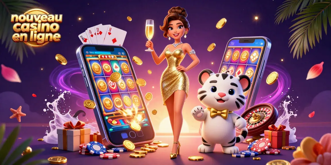 Interagissez avec le nouveau casino en ligne présentant une femme glamour avec un bébé tigre porte-bonheur au milieu d'éléments de casino festifs.