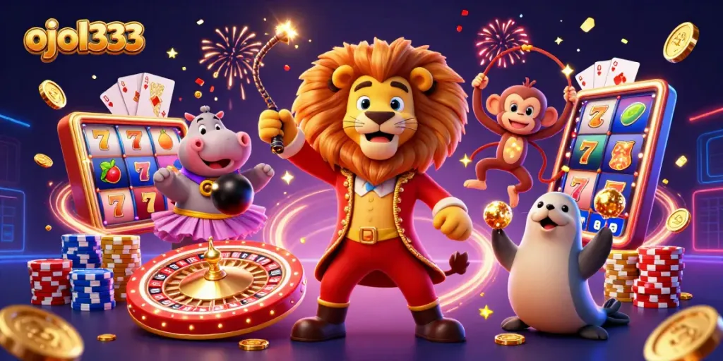 Experience casino excitement with ojol333 as characters celebrate winning with slot reels and golden coins.
