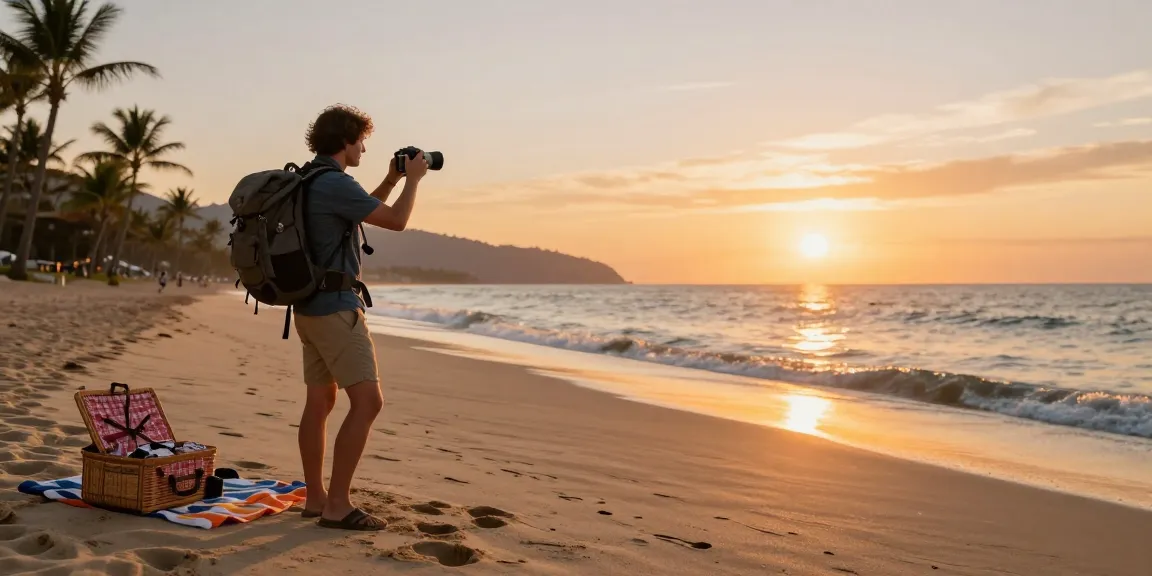Capture of a traveler enjoying sunset beach views, click here for breathtaking travel experiences.