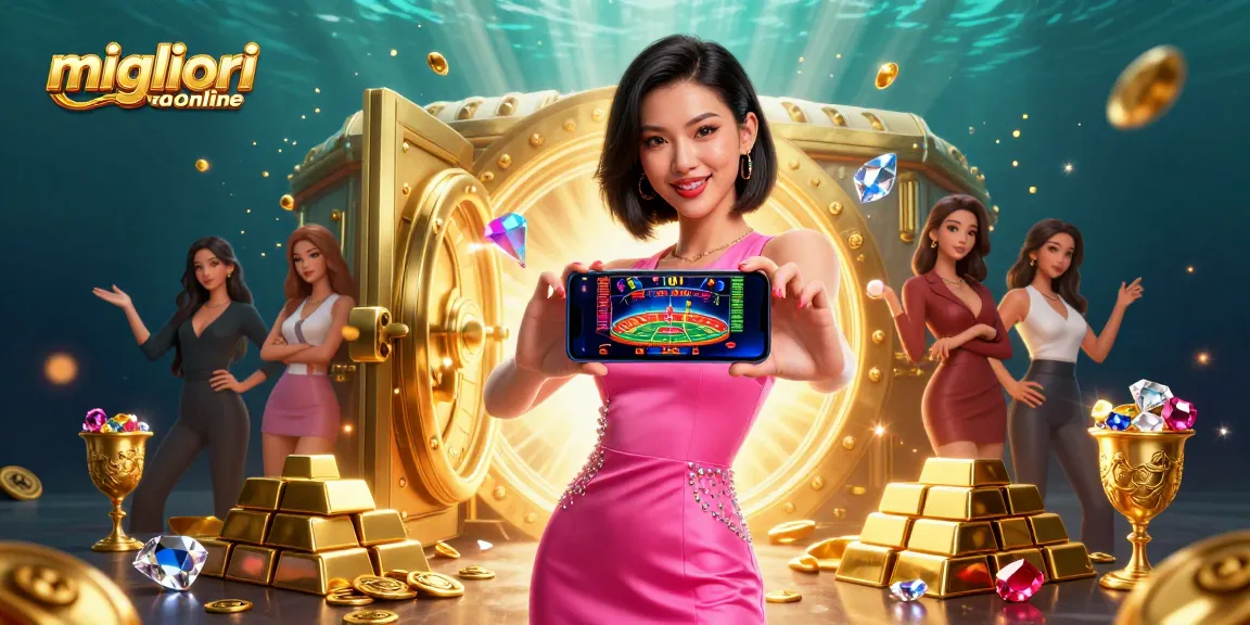 Scene illustrata dei migliori casino online con una donna asiatica sicura di sé che mostra un gioco con croupier dal vivo.